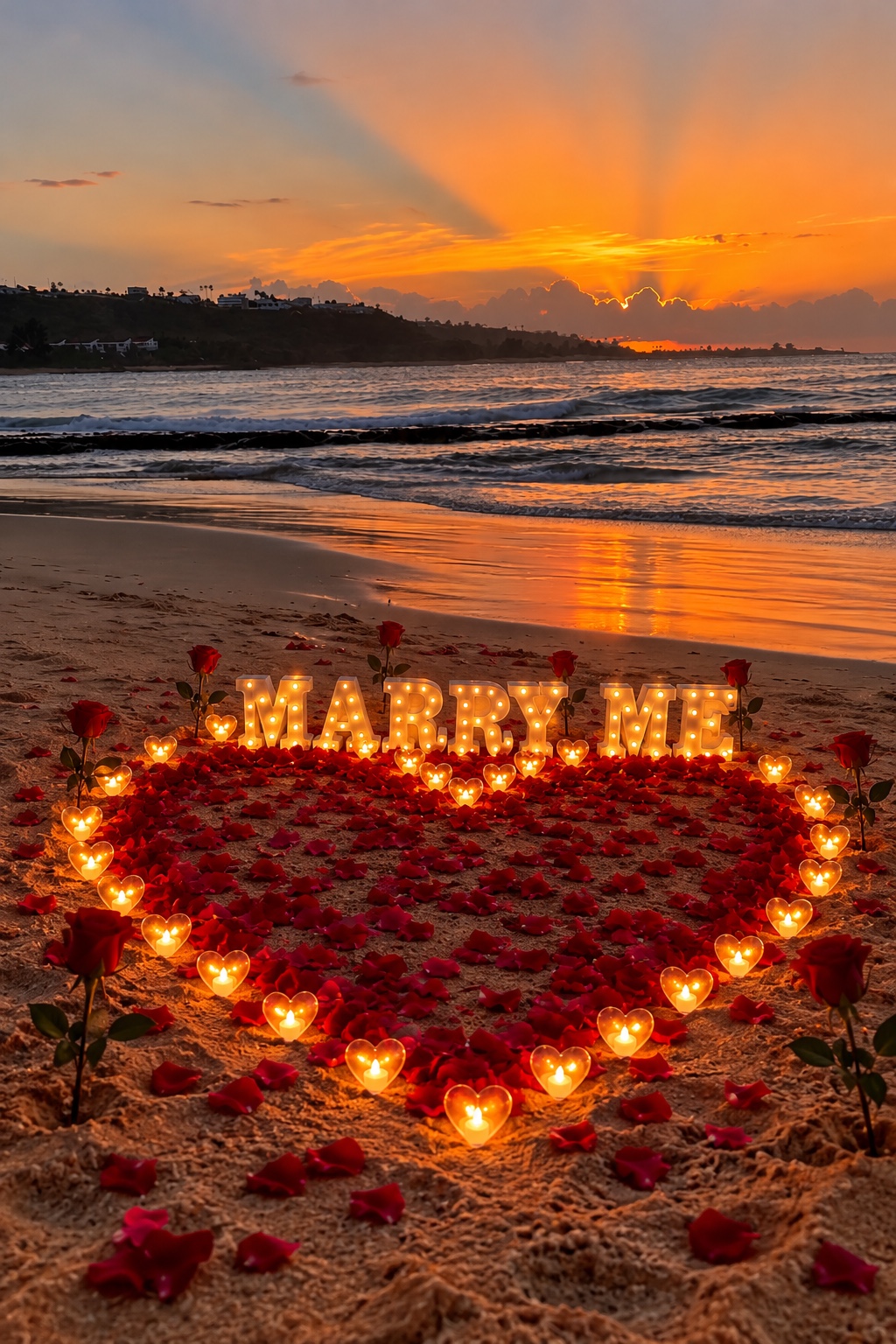 Heart-shaped rose petal proposal setup with glowing Marry Me letters and LED candles on an Isabela beach at sunset