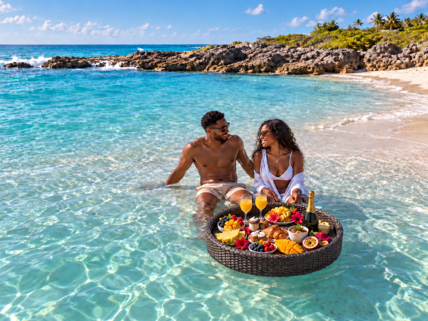Couple enjoying brunch from a round dark woven floating tray with two glasses of orange juice in Isabela’s natural ocean pool